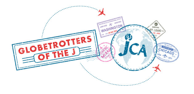 A globe with "JCA" text, surrounded by passport stamps from various cities and red airplanes, with a large "Globetrotters of the J" stamp on the left.