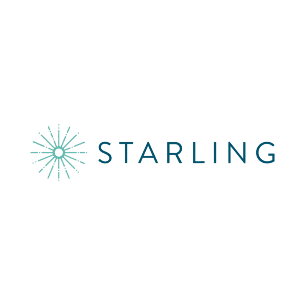 A teal starburst graphic appears to the left of the word "STARLING" written in blue capital letters on a light gray background.