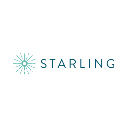 A teal starburst graphic appears to the left of the word "STARLING" written in blue capital letters on a light gray background.