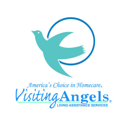 Logo of Visiting Angels featuring a stylized blue bird in front of a circle, with the text “America’s Choice in Homecare. Visiting Angels Living Assistance Services” below.