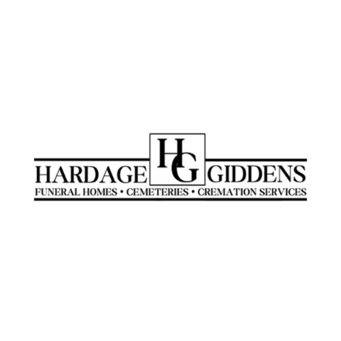 Logo for Hardage-Giddens featuring the initials "HG" in a box above the text "Funeral Homes · Cemeteries · Cremation Services" in black and white.