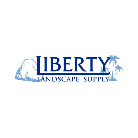 Liberty Landscape Supply logo with a blue rock on the left, company name in blue text, and two palm trees on the right, all on a white background.