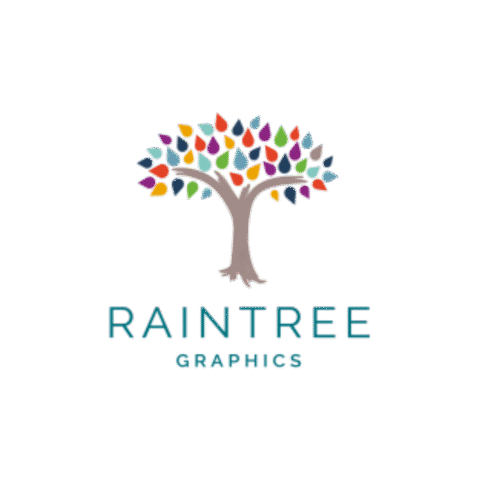 Logo for Raintree Graphics featuring a stylized tree with a brown trunk and multicolored, teardrop-shaped leaves above the company name in blue text.