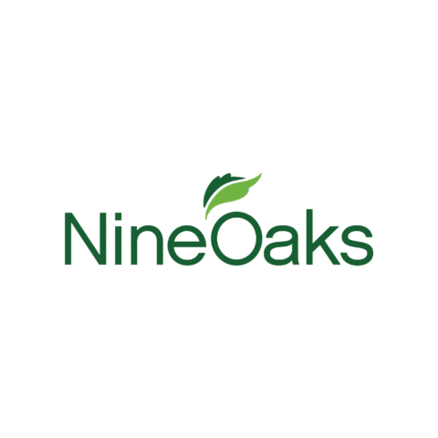 The "NineOaks" logo features green text with a stylized green leaf above the letter "O" on a white background.