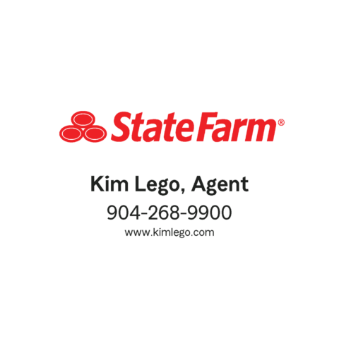 State Farm logo with contact information for agent Kim Lego, including phone number 904-268-9900 and website www.kimlego.com.
