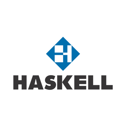 Blue diamond-shaped logo with a white geometric "H" symbol above bold black text that reads "HASKELL" on a white background.