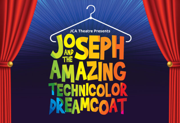 Colorful text forming the shape of a coat hanger reads "Joseph and the Amazing Technicolor Dreamcoat" with red curtains on the sides and "JCA Theatre Presents" above.