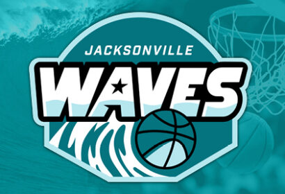 Jacksonville Waves basketball team logo featuring a wave, basketball, and hoop on a teal background.