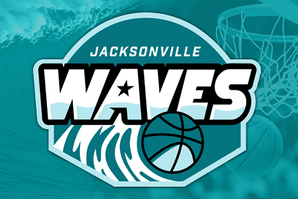 Jacksonville Waves basketball team logo featuring a wave, basketball, and hoop on a teal background.