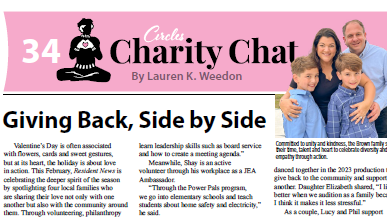 A newspaper page titled "Charity Chat" features articles about community volunteer work, multiple family photos, event details, and several advertisements at the bottom.
