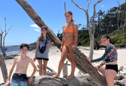 Four kids pose on and around large driftwood branches on a sandy beach under a blue sky with scattered clouds.