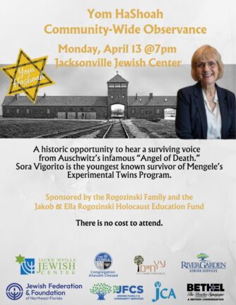 Flyer for Yom HaShoah event at Jacksonville Jewish Center on April 13, featuring Auschwitz survivor Sora Vigorito, sponsored by local organizations. No cost to attend.
