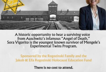Flyer for Yom HaShoah event at Jacksonville Jewish Center on April 13, featuring Auschwitz survivor Sora Vigorito, sponsored by local organizations. No cost to attend.