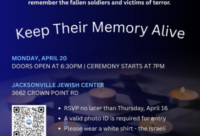 Flyer for Yom Ha'Zikaron at Jacksonville Jewish Center on April 20, with event details, RSVP info, and logos of supporting organizations.