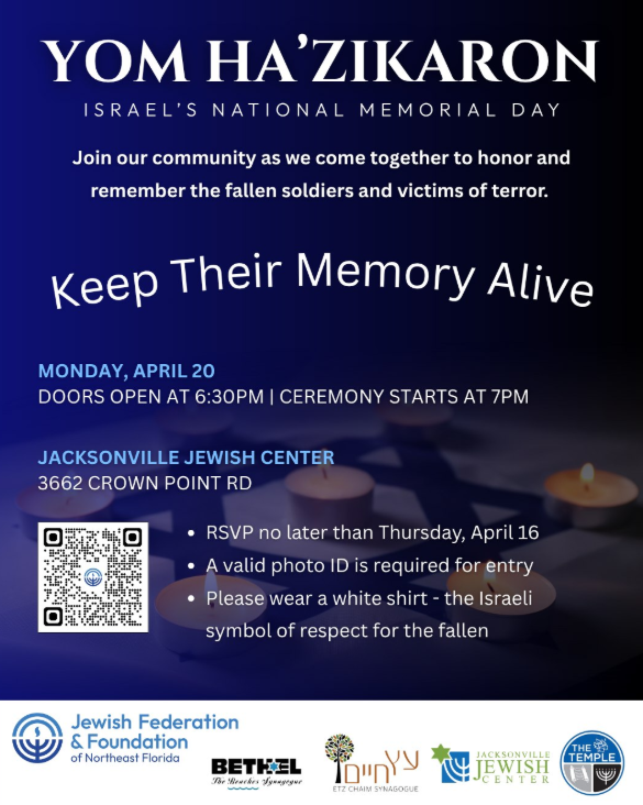 Flyer for Yom Ha'Zikaron at Jacksonville Jewish Center on April 20, with event details, RSVP info, and logos of supporting organizations.