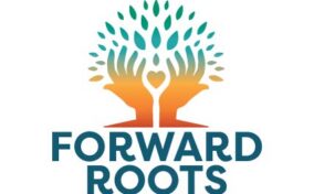 Logo for "Forward Roots" featuring two stylized hands forming a tree with leaves above a heart shape, using blue and orange gradient colors.