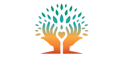 Logo with two stylized hands forming a tree with green leaves and heart at center, above the text "FORWARD ROOTS" in bold white letters.