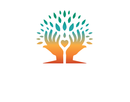 Logo with two stylized hands forming a tree with green leaves and heart at center, above the text "FORWARD ROOTS" in bold white letters.