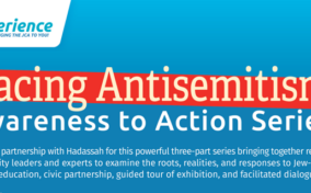 A promotional graphic for the "Facing Antisemitism: Awareness to Action Series," featuring event details and partnership information.