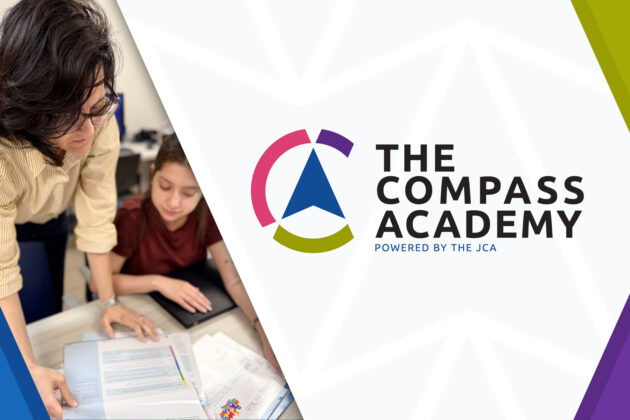 A woman helps a student with paperwork at a table. At right, The Compass Academy logo and text "Powered by the JCA" are displayed on a geometric background.
