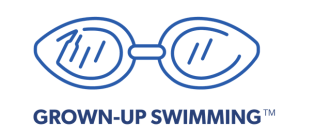 Outline drawing of swim goggles above the words "GROWN-UP SWIMMING™" in bold, blue text on a light background.