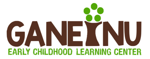 Logo for Ganeinu Early Childhood Learning Center; features brown text with a tree trunk for the "I" and four green circles as leaves, with the subtitle in green below.
