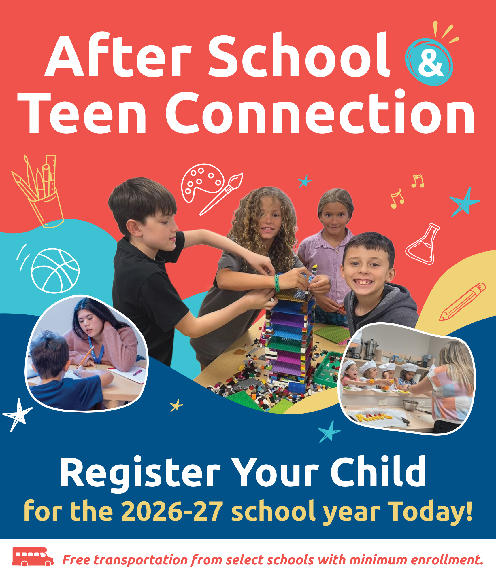Children participate in various activities, including building with blocks and painting, at an after-school and teen program. Registration for the 2026-27 year is promoted.