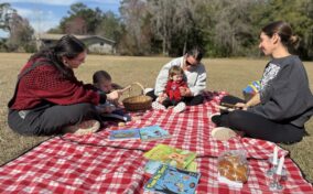 Three adults and two babies sit on a red checkered blanket outside, surrounded by children's books, snacks, and a basket on a sunny day.