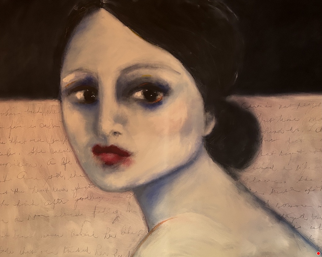 Painting of a woman with pale skin, dark hair in a bun, red lips, and large eyes, turning to look over her shoulder against a dark and textured handwritten background.