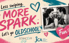 A retro photo of a smiling couple sharing a milkshake, with colorful text reading "Less swiping. More spark. Let's go oldschool. Schmooze with Suze. JCA Jacksonville.