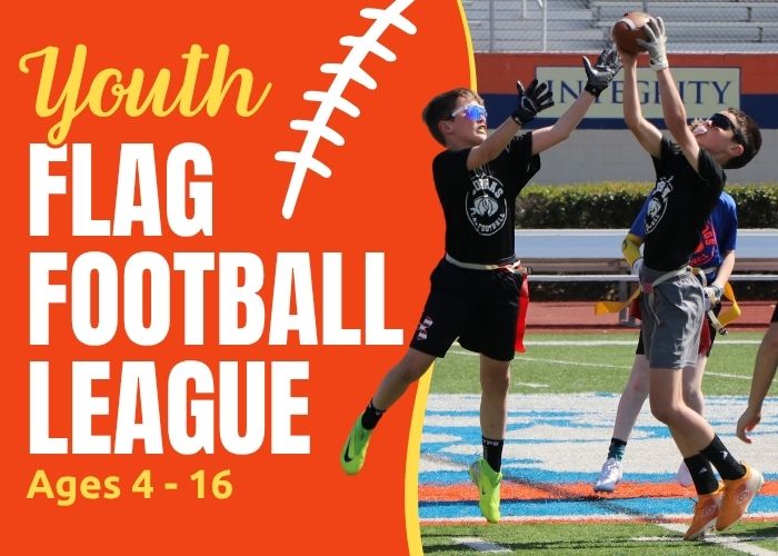 Two boys playing flag football on a field, with text reading “Youth Flag Football League Ages 4 - 16.”