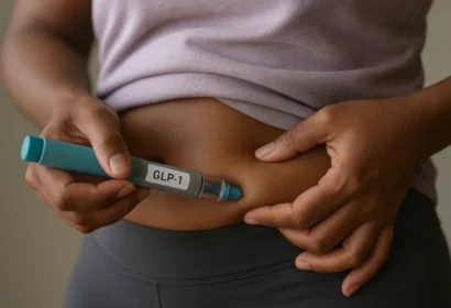 A person injects a GLP-1 medication into their abdomen, holding the injector pen against their skin with both hands.