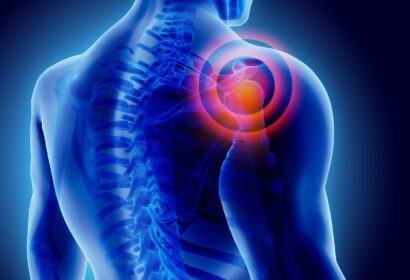 3D illustration of a human upper body with transparent skin showing the spine and shoulder joint highlighted in red, indicating shoulder pain or injury.