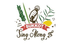 Logo with a hand holding a microphone, Sukkot symbols (lulav, etrog), musical notes, and text reading "Sukkot Sing Along.