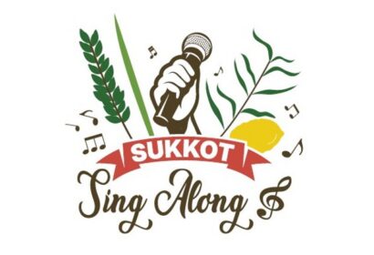 Logo with a hand holding a microphone, Sukkot symbols (lulav, etrog), musical notes, and text reading "Sukkot Sing Along.