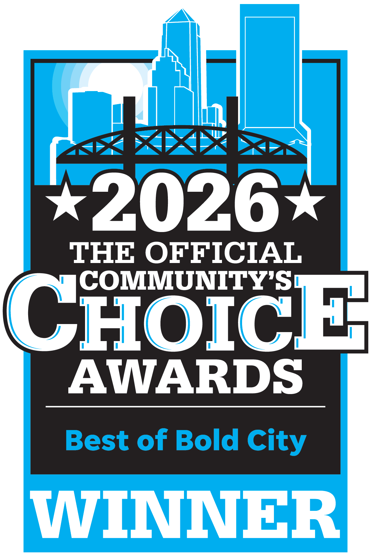 2026 Official Community’s Choice Awards badge, black and blue design, city skyline, reads “Best of Bold City, Winner.”.