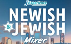Event flyer for a “Newish & Jewish Mixer” hosted by JExperience, featuring a city skyline background.