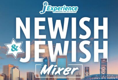 Event flyer for a “Newish & Jewish Mixer” hosted by JExperience, featuring a city skyline background.