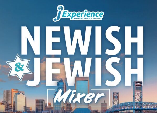 Event flyer for a “Newish & Jewish Mixer” hosted by JExperience, featuring a city skyline background.