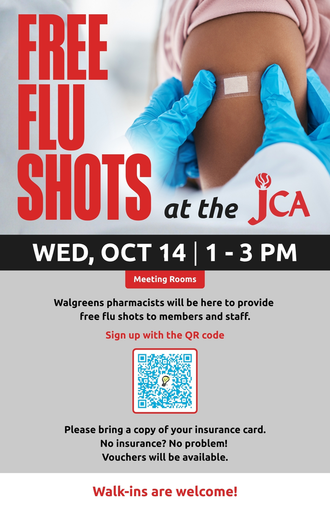Flyer for free flu shots at the JCA on Wednesday, Oct 14 from 1 to 3 PM, including a QR code for registration and information for those without insurance.