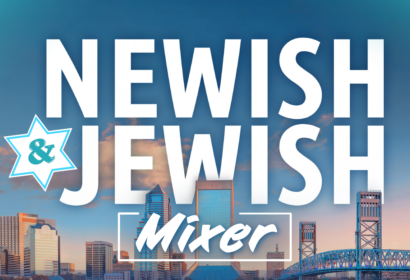 Event flyer titled “Newish & Jewish Mixer” set against a backdrop of a city skyline at dusk.
